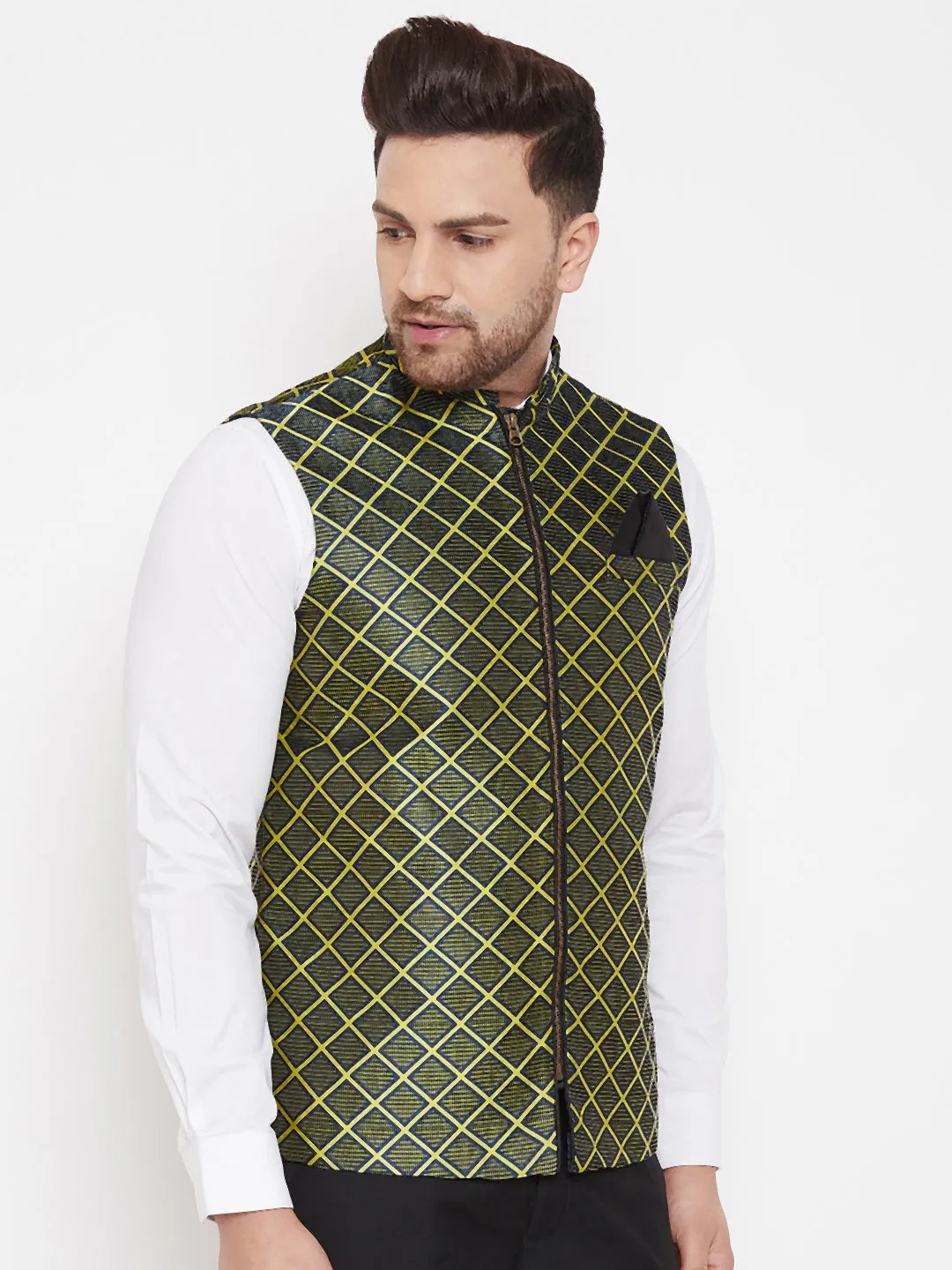 VASTRAMAY Men's Green Jute Cotton Zipper Nehru Jacket