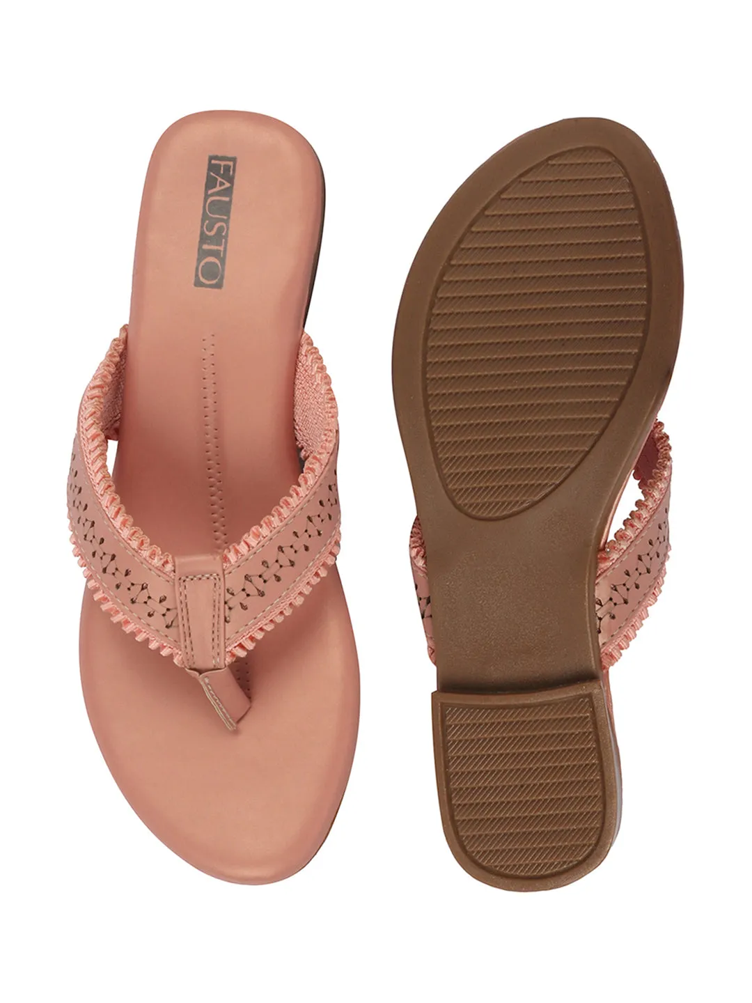 Women Pink Laser Cut Design T-Strap Thong Slip On Flats Slippers