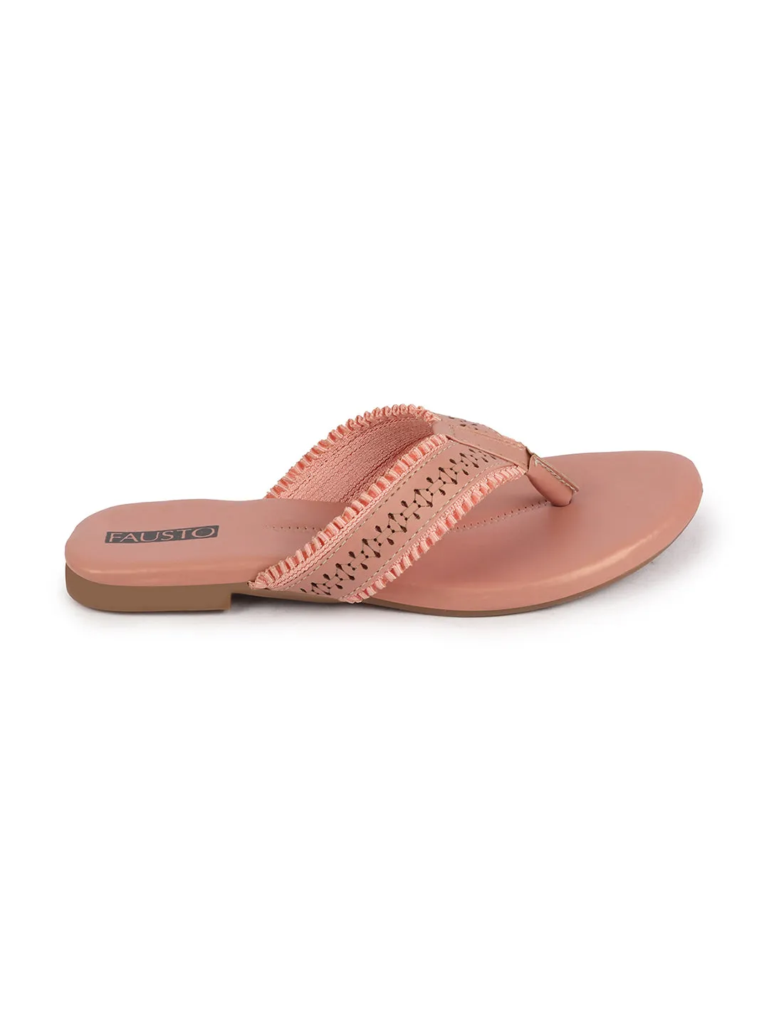 Women Pink Laser Cut Design T-Strap Thong Slip On Flats Slippers