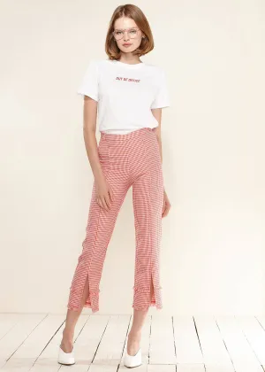 Women's Fringe Trim Slit Hem Gingham Pants in Red Gingham by Shop at Konus