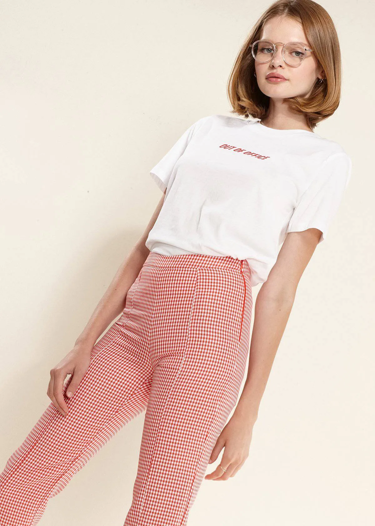 Women's Fringe Trim Slit Hem Gingham Pants in Red Gingham by Shop at Konus