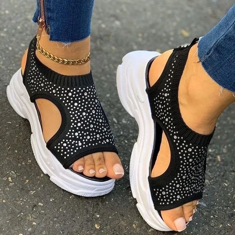 Women's thick platform rhinestne flyknit sneakers sandals