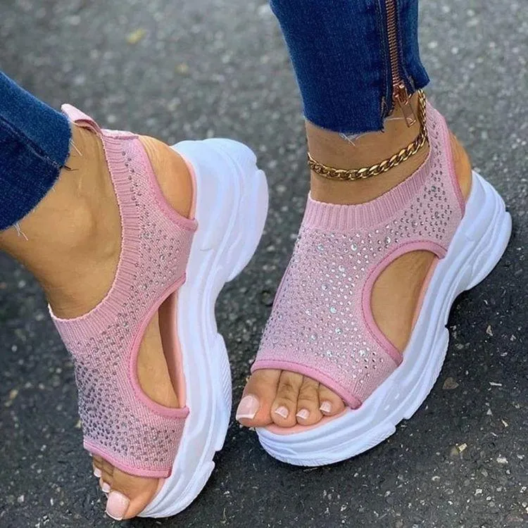 Women's thick platform rhinestne flyknit sneakers sandals