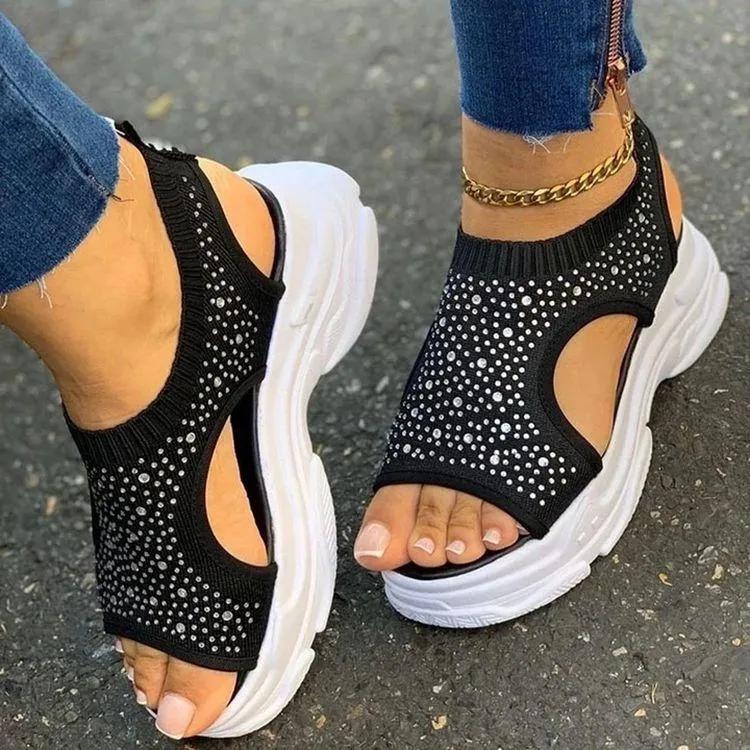 Women's thick platform rhinestne flyknit sneakers sandals